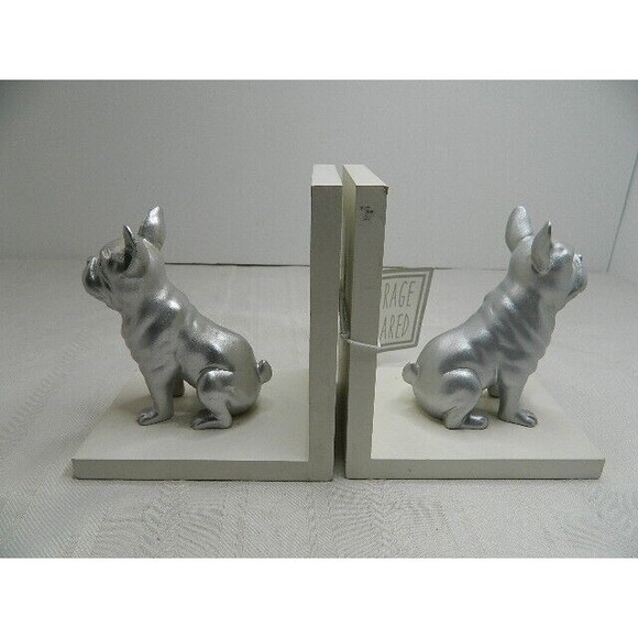 Silver Tone Bull Dog Book Ends White Wood 5.5"H X 3.5"W X 5"D NWT w/paint chips - Picture 2 of 9